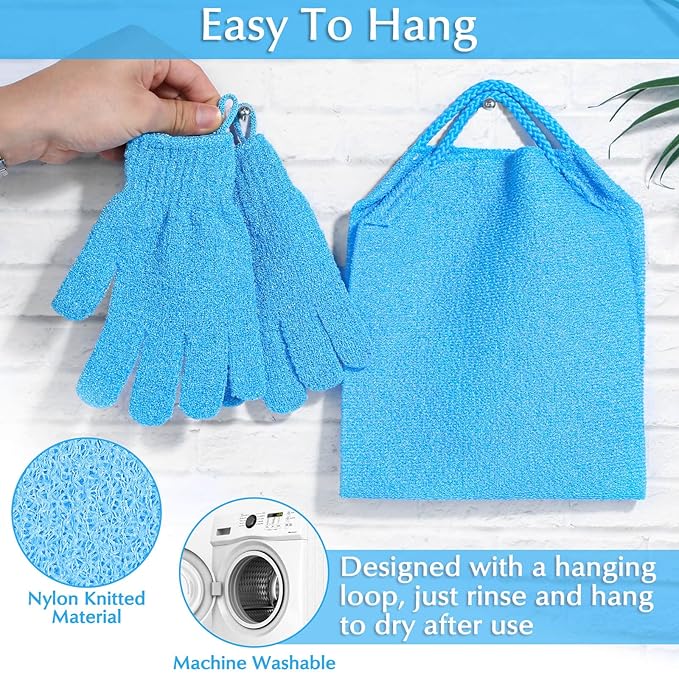 Anezus Exfoliating Back Scrubber Bath Gloves Set, Exfoliating Shower Towel with Shower Gloves for Body Scrub, Back Cleaner Wash Gloves to Remove Dead Skin (Blue)