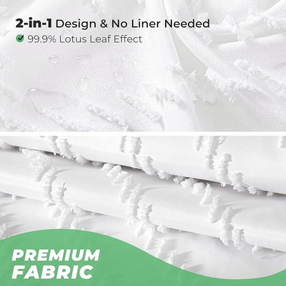 Small Stall White Boho Fabric Shower Curtain, 36x72 Half Size, Textured Tufted Chevron Striped Minimalist Cloth Bathroom Shower Curtain