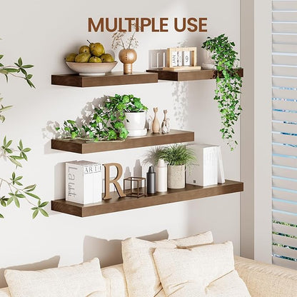 Heimlove 24 inch Floating Shelves for Wall,2 Packs Natural Pine Solid Wood Floating Shelves, 8 inches Deep Wooden Shelves for Kitchen Bedroom Office & Living Room Display Wall Decor