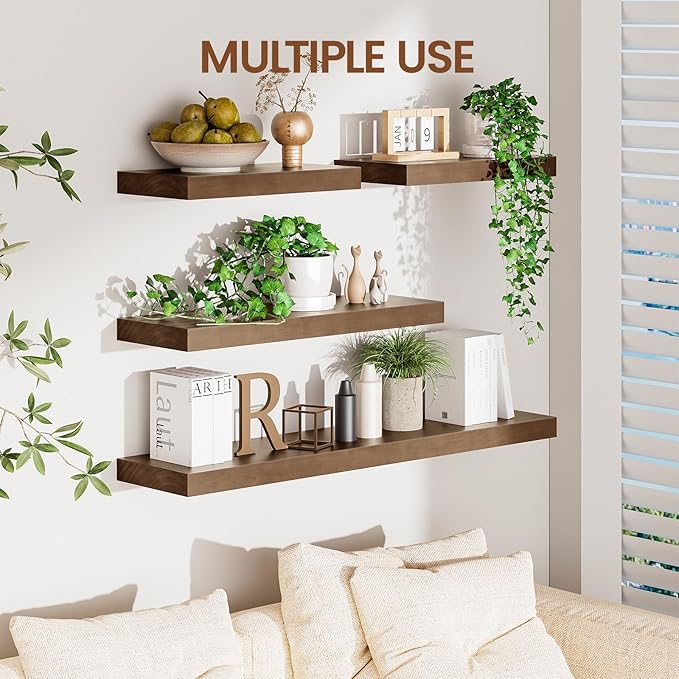 Heimlove Floating Shelves for Wall,2 Packs 16 inches Natural Pine Solid Wood Floating Shelves, 8 inches Deep Wooden Shelves for Kitchen Bedroom Office & Living Room Wall Decor