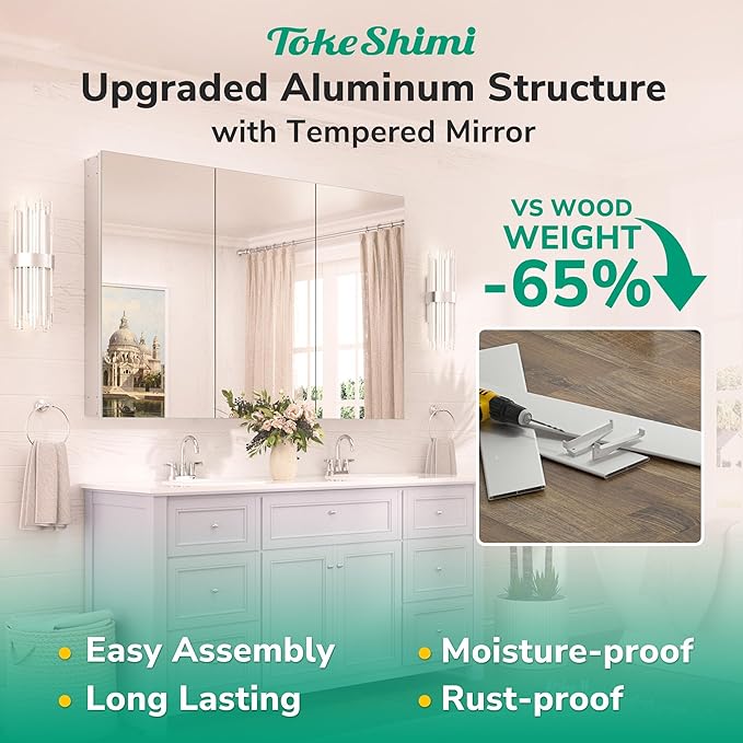 TokeShimi 30 x 26 Silver Aluminum Medicine Cabinet Mirror for Bathroom Surface Mount or Recessed with Stepless Adjustable Shelves Modern Farmhouse