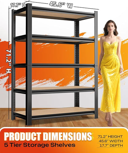 AOAORRG Set of 5 Storage Shelves, 5-Tier Heavy Duty Garage Shelving, 45.6" W Metal Shelving, Home Storage Shelf, Adjustable Shelving Unit, for Basement Warehouse, 45.6" Wx17.7 Dx71.2 H, Black