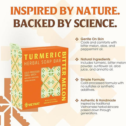 Turmeric & Bitter Melon 2-in-1 Luxurious Natural Soap Bar (4.2 oz) | Herbal Freshness & Gentle Refreshing Cleanse | Cold-Processed, Handmade in Vietnam