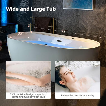 WOODBRIDGE 72" x 35-3/8" Whirlpool and Air Bath Heated Soaking Combination Tub with Adjustable Speed Air Blower and Display Control Panel, Matte Black Finish Trim and Drain Kit,BM-500
