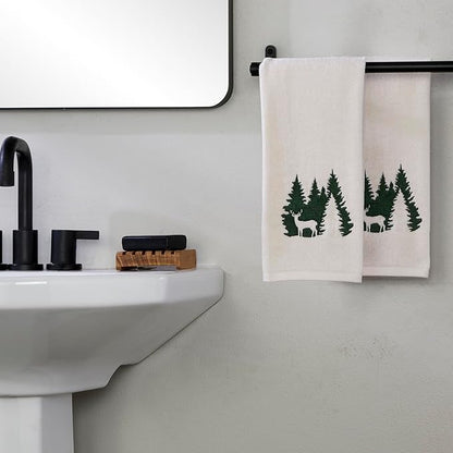 SKL Home Christmas/Winter Deer Spruce 100% Cotton Embroidered 2pc Hand Towel Set, Decorative for Bath/Kitchen/Bar, Natural