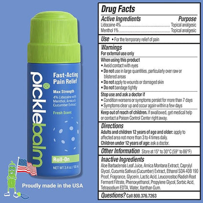 PickleBalm Pickleball In-Game Muscle Pain Relief Roll-On with 4% Lidocaine, Arnica, Menthol, Cucumber Seed Extract for Shoulders, Knees, Wrists, and More, 3.4oz Roll-On Applicator