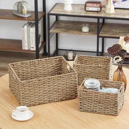 Vagusicc Wicker Basket, Seagrass Wicker Storage Basket with Built-in Handles, Baskets for Organizing, 15'' Large Storage Baskets for Shelves with Liner bathroom organizer (3-Pack Seagrass Baskets Set)