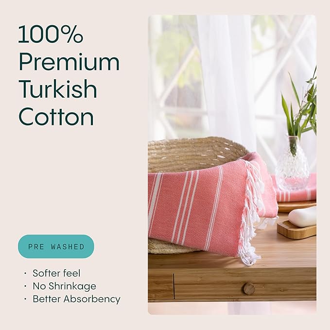 WETCAT Turkish Hand Towels with Hanging Loop, Set of 2 (20" x 30") 100% Turkish Cotton, Pre-Washed, Quick Drying, for Kitchen or Bathroom - Dark Coral