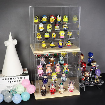 Choowin 5 Tier Clear Acrylic Display Case for Collectibles, Mini Figures, Pop Mart, Labubu, Sonny Angel, Smiski - Assemble Dustproof Acrylic Display Box with Door, Stand (Black Base, Clear Step)