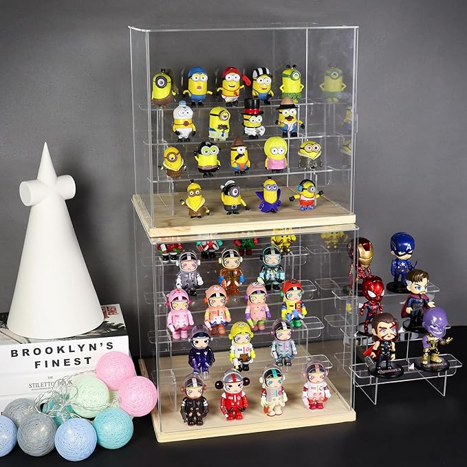 Choowin 5 Tier Clear Acrylic Display Case for Collectibles, Mini Figures, Pop Mart, Labubu, Sonny Angel, Smiski - Assemble Dustproof Acrylic Display Box with Door, Stand (White Base, Clear Step)