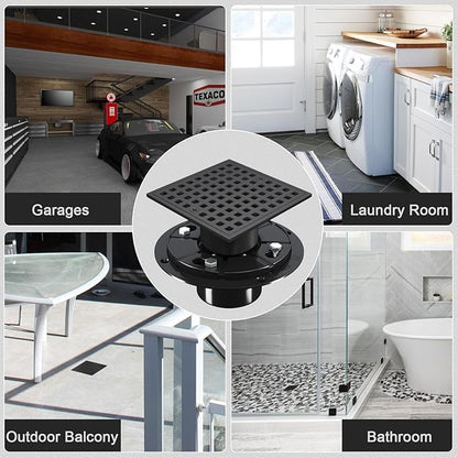 4 Inch Square Shower Floor Drain, Matte Black 304 Stainless Steel Shower Floor Drain Kit with ABS Flange for 2" or 3" Pipe, Removable Grid Cover Hair Strainer Catcher,CUPC Certified