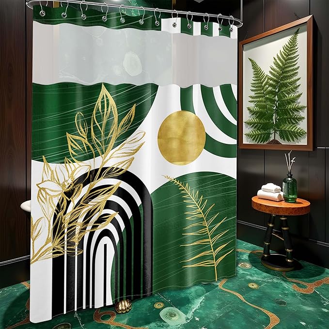 Olive Green Bohemian See Through Mesh Top Shower Curtain with Window, Emerald Green Mid Century Modern Double Layer Shower Curtains with Snap in Liner, Waterproof Fabric with Hooks, 71x 72 in