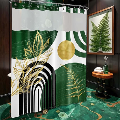 Olive Green Bohemian See Through Mesh Top Shower Curtain with Window, Emerald Green Mid Century Modern Double Layer Shower Curtains with Snap in Liner, Waterproof Fabric with Hooks, 71x 72 in