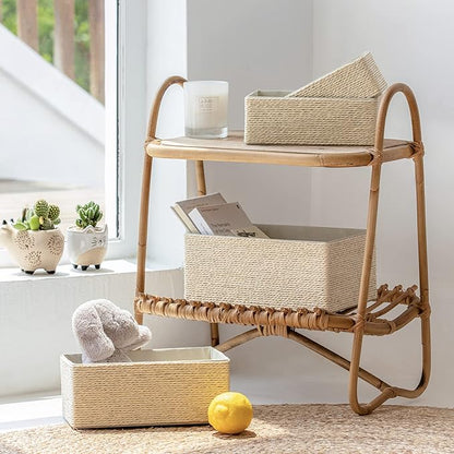 Storage Baskets Set 4 - Stackable Woven Basket Paper Rope Bin, Storage Boxes for Makeup Closet Bathroom Bedroom (Beige)