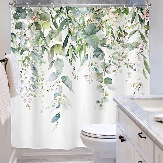 Riyidecor Green Eucalyptus Leaves Shower Curtain for Bathroom Decor 72Wx78H Plants Watercolor Floral Rustic Botanical Spring Nature Farm Art Printed Fabric Polyester Waterproof 12 Pack Plastic