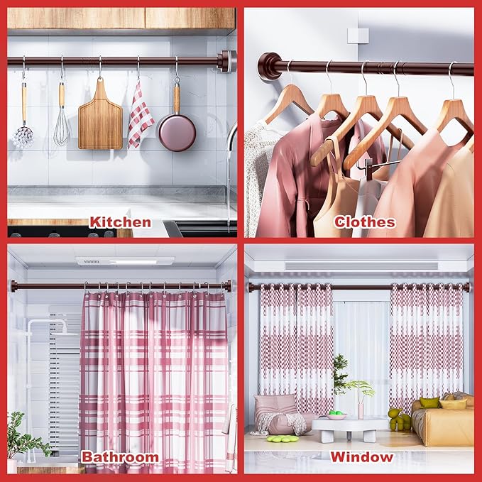 Ausemku Shower Curtain Rod Tension - 26-76 Inch Never Rust Non-Slip Spring Tension Curtain Rod No Drilling Stainless Steel Curtain Rod Use Bathroom Kitchen（Brown）