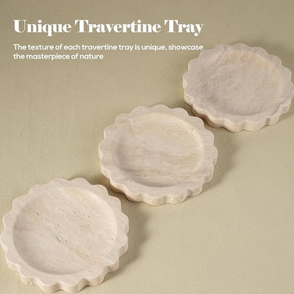 Koville Travertine Jewelry Tray, 5.51" Round Trinket Dish for Ring Necklace Earring Perfume, Natural Scalloped Decorative Tray for Countertop Bathroom Kitchen Dresser, Beige Stone Tray