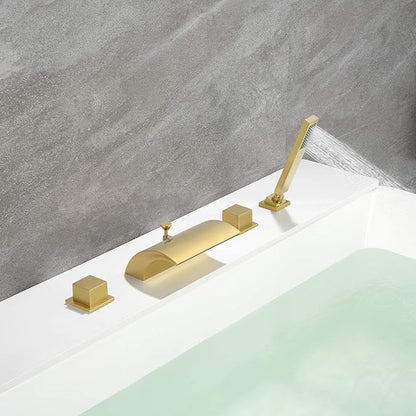 sumerain Waterfall Roman Tub Faucet with Hand Shower Brushed Gold Finish High Flow