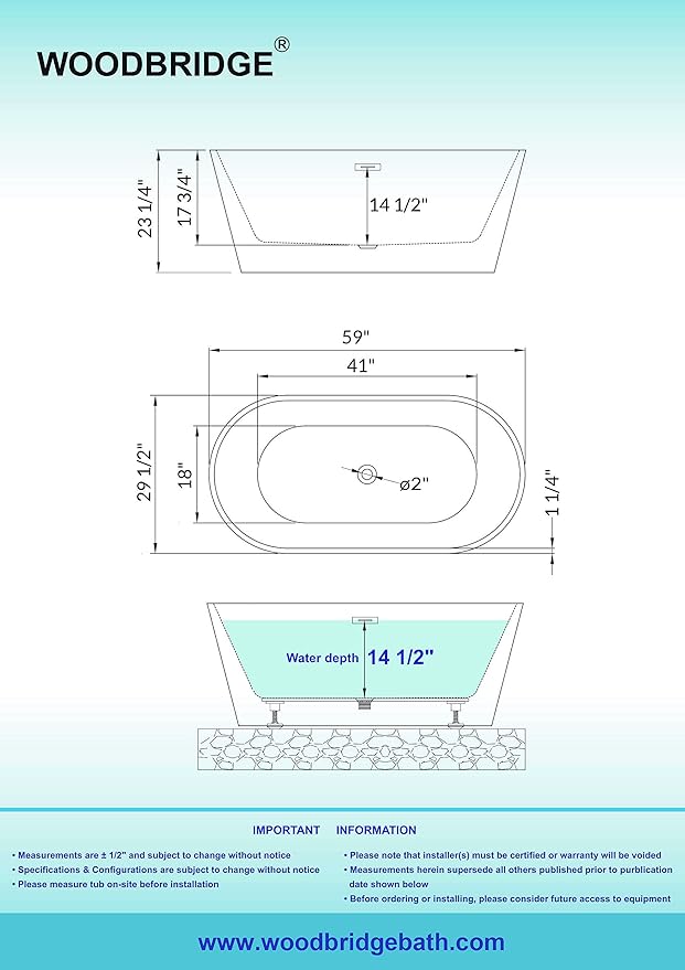 WOODBRIDGE BTA1514-MB-Drain &O+ Pillow Bathtub, Black