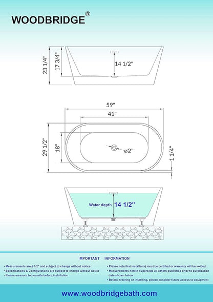 WOODBRIDGE BTA1514-MB-Drain &O+ Pillow Bathtub, Black