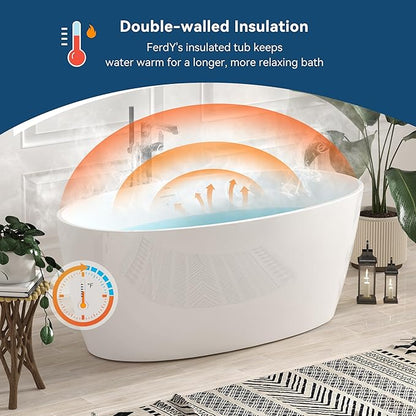 FerdY Tahiti 59" Acrylic Freestanding Bathtub, Elegant Oval Shape Soaking Bathtub, Glossy White, Matte Black Drain & Matte Black Overflow Assembly Included cUPC Certified