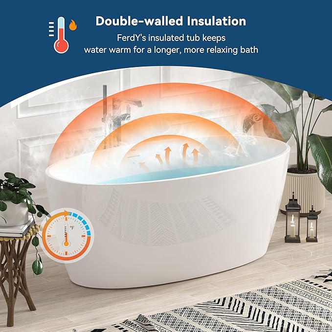 FerdY Tahiti 59" Acrylic Freestanding Bathtub, Elegant Oval Shape Bathtub, Glossy White, Polished Chrome Drain & Integrated Slotted Overflow Assembly Included cUPC Certified