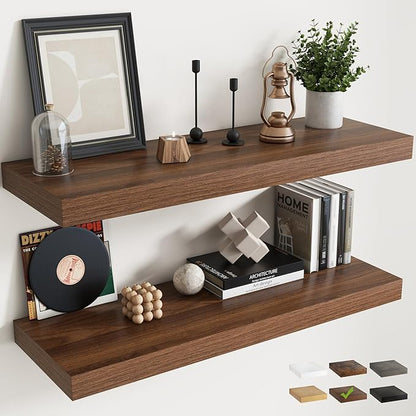 40 Inch Long Floating Shelves for Wall Set of 2, 12"D Wood Grain Bathroom Shelves with Invisible Brackets, Easy Install Engineered Wood Storage Shelves for Kitchen, Living Room, Bedroom, Walnut Finish