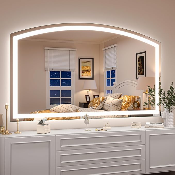 Hasipu 60“ x 36" Arch LED Bathroom Mirror, Frontlit Wall-Mounted Vanity Mirror with Lights, Defogging, Smart Touch, Dimmable 3 Color Modes, Safety Shatterproof Glass Coating