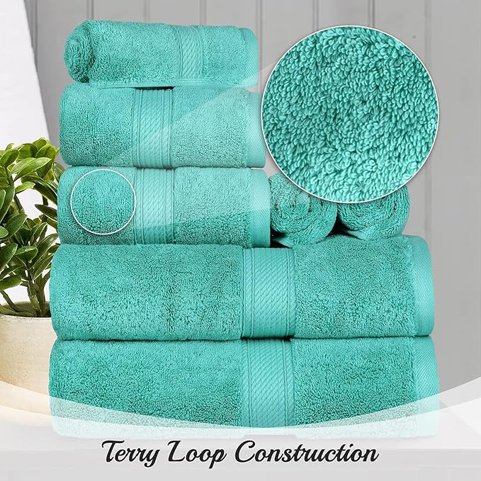 BLUENILEMILLS Madison Egyptian Cotton Towels, Towel Set for Bathroom, Shower, Hotel, Plush, 800 GSM, Highly Absorbent and Ultra-Soft Towels, Bath Essentials, 8 Piece Assorted Towel Set, Turquoise