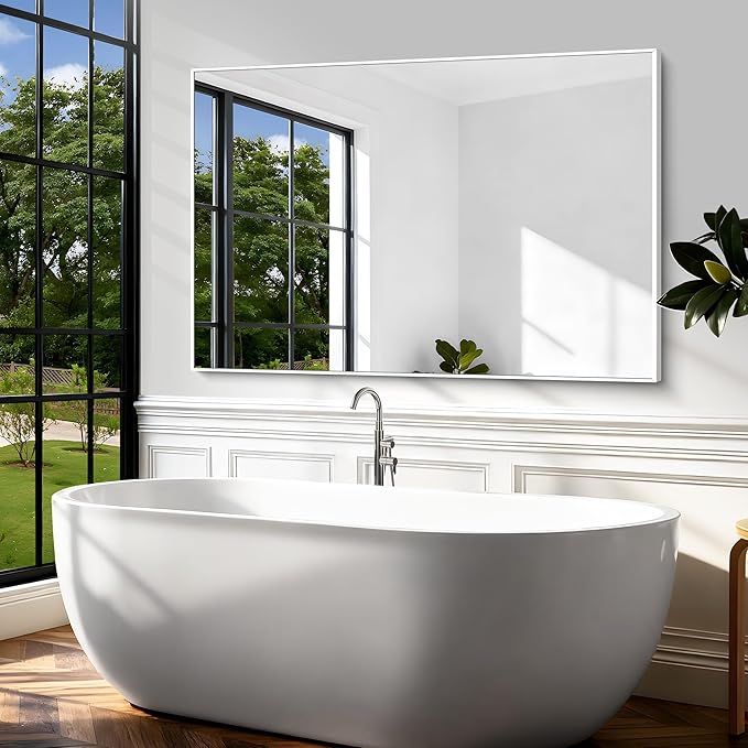 BONEWEI White Bathroom Mirror,60x40 inch Wall Mirror for Bathroom Wall Mounted,Large Rectangle Mirror for Bathroom Over Sink,Modern Metal Frame for Living Room,Bedroom Entryway,Horizontal/Vertical