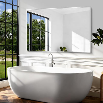 BONEWEI White Bathroom Mirror,60x40 inch Wall Mirror for Bathroom Wall Mounted,Large Rectangle Mirror for Bathroom Over Sink,Modern Metal Frame for Living Room,Bedroom Entryway,Horizontal/Vertical