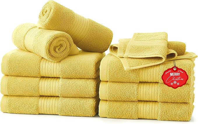 Ample Decor Wash Cloths Pack of 10, Oeko Tex Certified 600 GSM 100% Cotton Soft Absorbent, Premium Quality Durable Machine Washable, Ideal for Bathroom, Pool, Hotel, Spa – Yellow