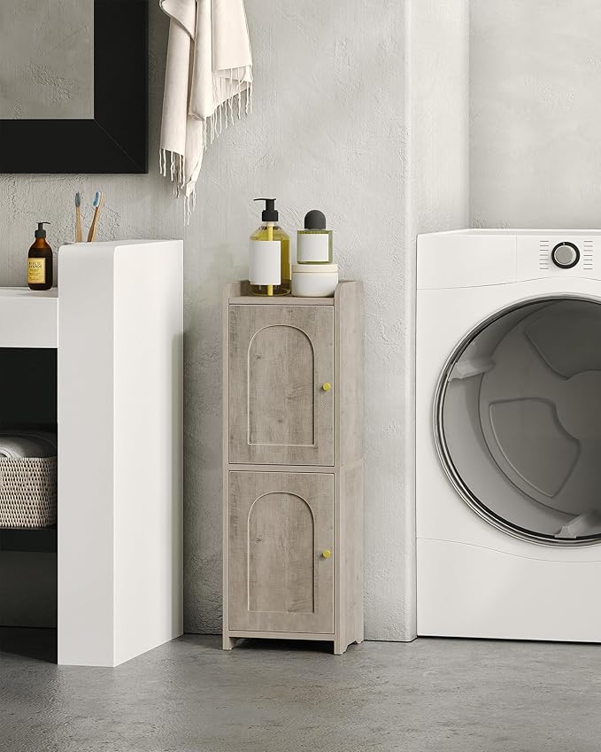 Bathroom Storage Cabinet, Corner Floor Cabinet with 2 Doors and Adjustable Shelf, Narrow Toilet Paper Cabinets, Bathroom Organizer for Small Spaces, 7.9" D x 9.8" W x 29.5" H Greige