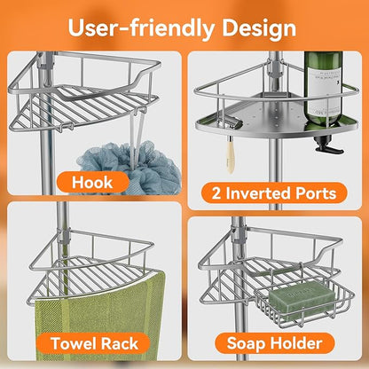 Corner Shower Caddy Tension Pole Rustproof, 4 Tier Adjustable Shower Organizer Tension Pole, 25-125 Inch Bathroom Shower Organizer for Bathtub Shampoo Storage, Silver