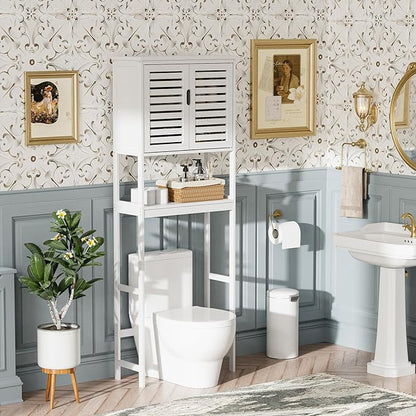 SMIBUY Bathroom Over The Toilet Storage Cabinet, 2 Door Bamboo Cabinet Organizer, Freestanding Space Saver Toilet Rack with Adjustable Inside Shelf and Open Shelf (White)