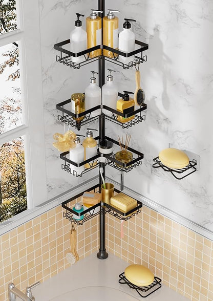 Corner Shower Caddy + 2 Soap Holders, 4 Tier Shower Caddy Tension Pole Stainless Steel Black, Extends 25-114.2 Inches, for Bathroom Organizers and Storage, Renter-Friendly and Gift Idea
