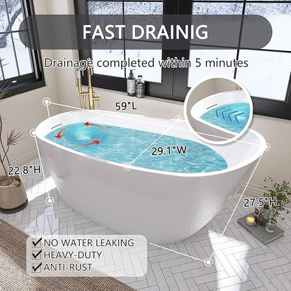 59" Free Standing Tub, Pure Acrylic Freestanding Bathtub, Stylish Stand Alone Contemporary Deep Soaking Bath Tub, cUPC Certified SY9950 (Glossy White)