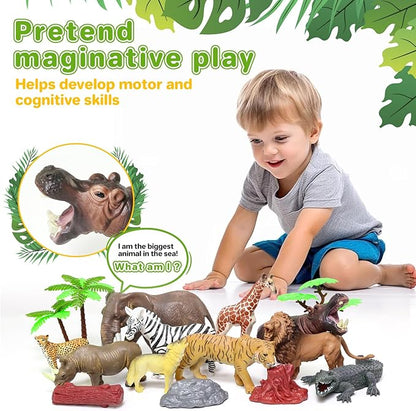 10 Big Realistic Safari Animal Toys for Kids 3-7, Jungle Figures Set with 12 Accessories & Storage Bucket, Educational Plastic Toys