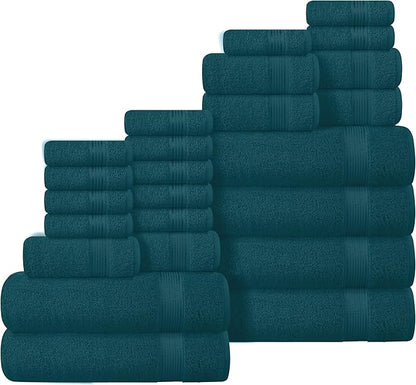 Belizzi Home 100% Cotton Towel Set, Contains 6 Soft Bath Towel, 6 Hand Towels, 12 Wash Cloths - Compact Absorbent Lightweight & Quickdry Towels for Bathroom - 24 Piece Bathroom Towel Set - Teal