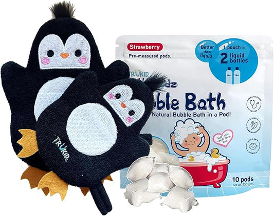 TruKid Strawberry Bubble Podz & BubbleGlove Set – Bubble Bath Pods with 2 Wash Gloves for Kids and Toddlers