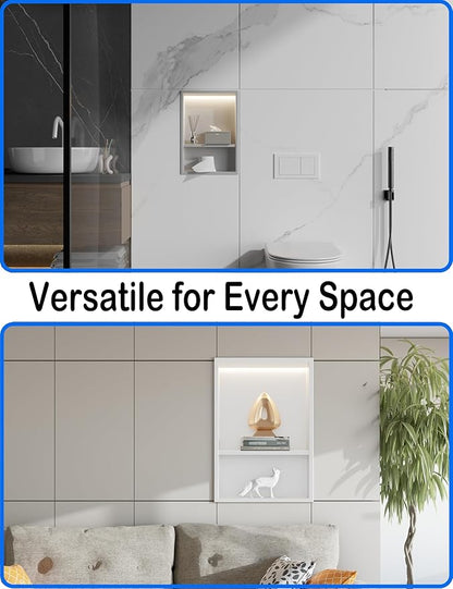 Lighted Shower Niche,Bathroom Wall Niche with LED Light Strip Waterproof,No Tile Needed,Double Shelves Stainless Steel,(Matta White, 18 * 12 * 4 in)