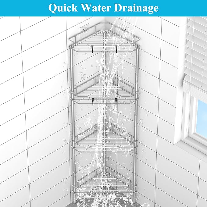 4 Tier Floor Standing Corner Shower Caddy Organizer Shelf with Hooks, Bathroom Shelves Stand Rack, Gray