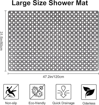 Anti Slip Shower Mat with Suction Cups,31.5x47.2 Inch Quick Drain TPE Non Slip Shower Mats for Inside Shower,Large Bath Mat for Shower Soft on Feet, Easy to Dry&Cut Machine Washable