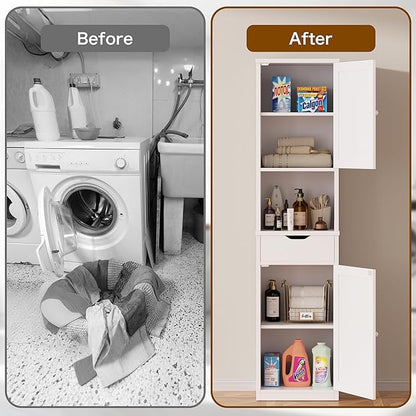Walsunny Tall Bathroom Storage Cabinet with Freestanding Adjustable Shelves, Narrow Storage Linen Cabinet with 2 Doors and 1 Drawers for Bathroom, Living Room, Kitchen(White)