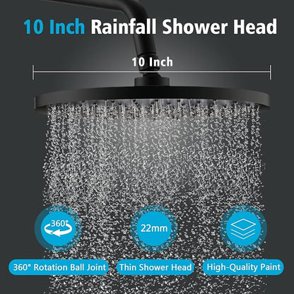 PROOX 3 Handle Tub Shower Faucet Set, 10" Rainfall Shower Head with Tub and Shower Trim Kit with Rough-in Valve, Matte Black Bathtub Shower Faucets, Wall Mounted Bathroom Rain Shower System