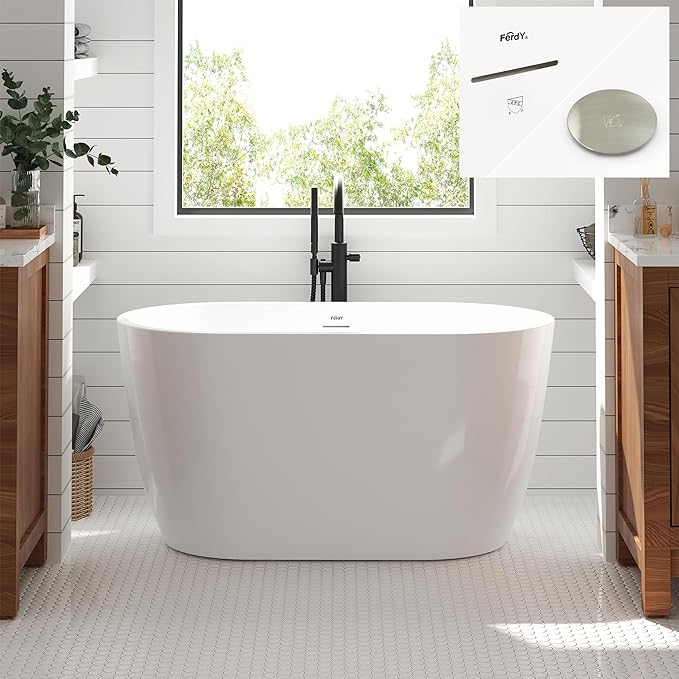FerdY 47" Bali Acrylic Freestanding Bathtub with Headrest, Gracefully Shaped Soaking Bathtub, cUPC Certified, Toe-Tap Brushed Nickel Drain& Minimalist Linear Design Overflow& Bathtub Pillow Included