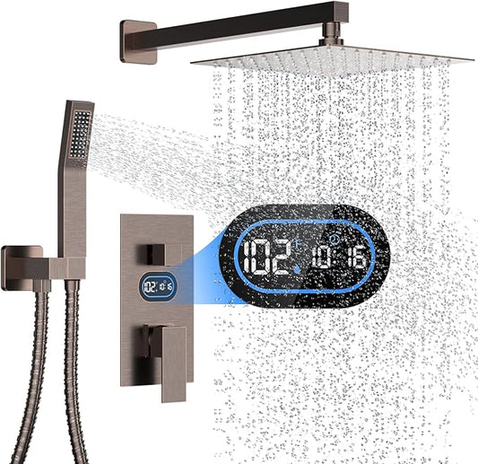 Longriver Shower Faucet Set with Hydro Power Temperature Display, Shower System 10 Inch Shower Head with Handheld Spray, Wall Mounted Shower Fixtures with Shower Valve and Trim Kit, Oil Rubbed Bronze