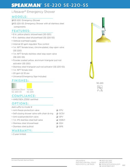 Speakman SE-220-SS Lifesaver Vertical Supply Emergency Shower, Stainless Steel