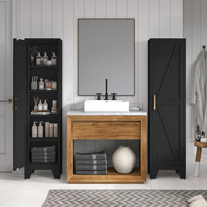 COFaR Tall Bathroom Cabinet, Metal Farmhouse Narrow Slim Storage Cabinet with Adjustable Shelves Barn Door for Bathrooms, Kitchens, Entrances Living Room (Black)