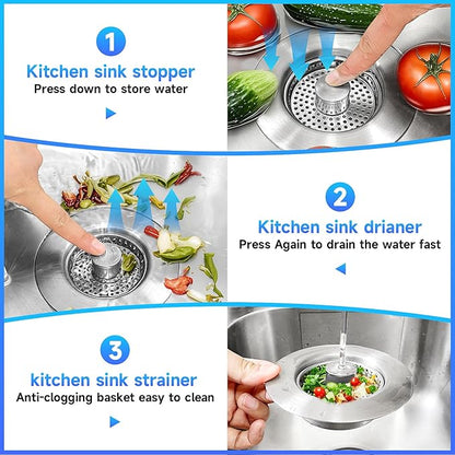 3 in 1 Kitchen Sink Drain Strainer Sink Stopper, Stainless Steel Sink Drain Strainer with Anti-Clogging Basket, Kitchen Sink Drain Filter Plug for US Standard 3-1/2 Inch Drain (2Pack)